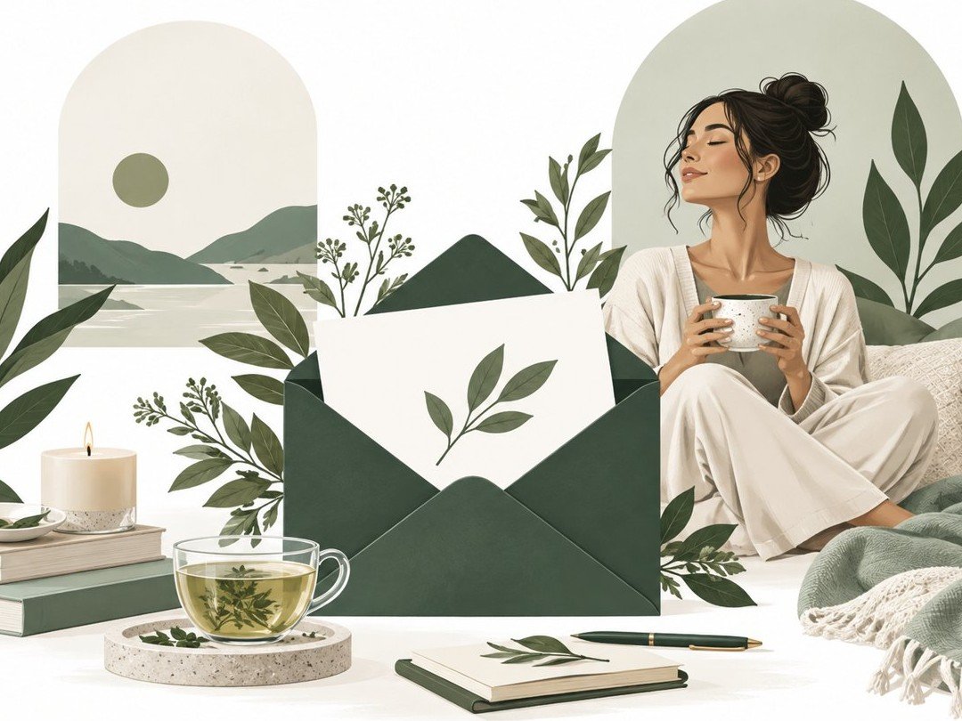 A calm wellness scene with an envelope, herbal tea, books, plants and a relaxed woman